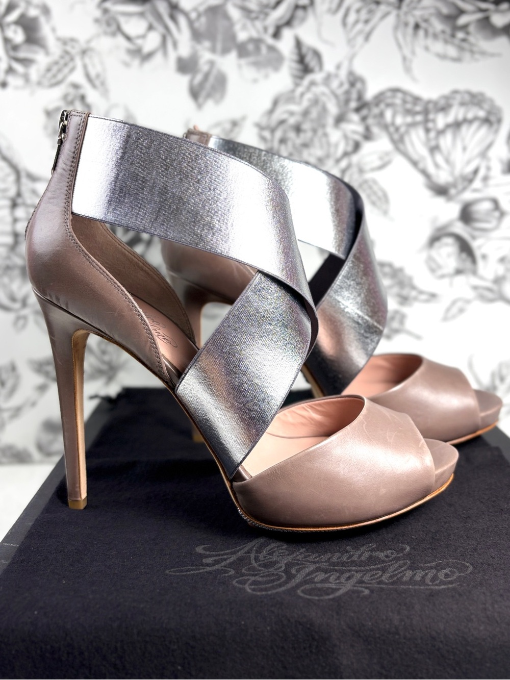 Alejandro Ingelmo Matinee Taupe Gray Leather & Silver Strap 120mm Heels, Sz 11
